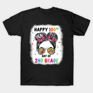 Bleached Happy 100th Day Of 2nd Grade Messy Bun Kids Girls T-Shirt